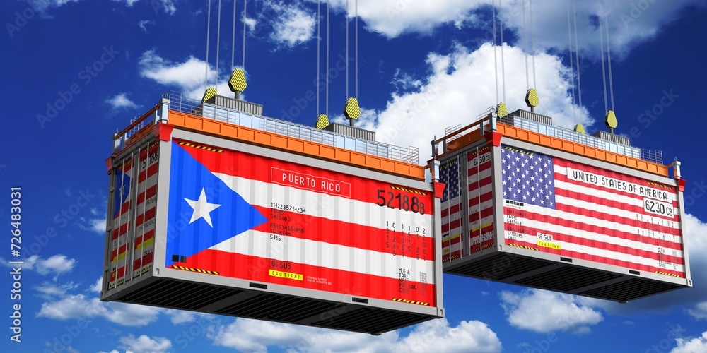Shipping containers with flags of Puerto Rico and USA - 3D illustration