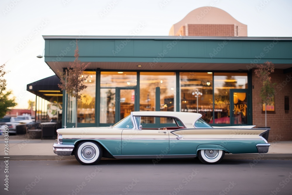 classic car parked outside a 50sstyle eatery