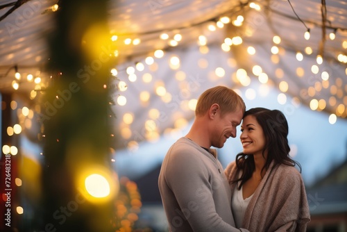 evening shot of couple beneath a canopy of fairy lights