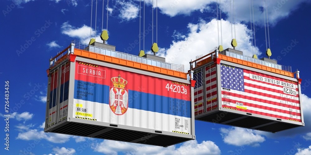 Shipping containers with flags of Serbia and USA - 3D illustration