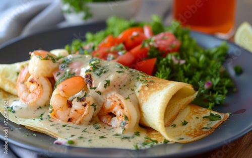 Crepes with shrimp and cream sauce on a white plate.
