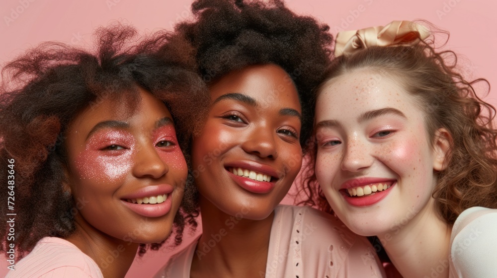 Multicultural group of women in a horizontal closeup, adorned with colorful glitter makeup, against a pastel backdrop. Multicultural group of women in a horizontal closeup, adorned with colorful glitter makeup, against a pastel backdrop.