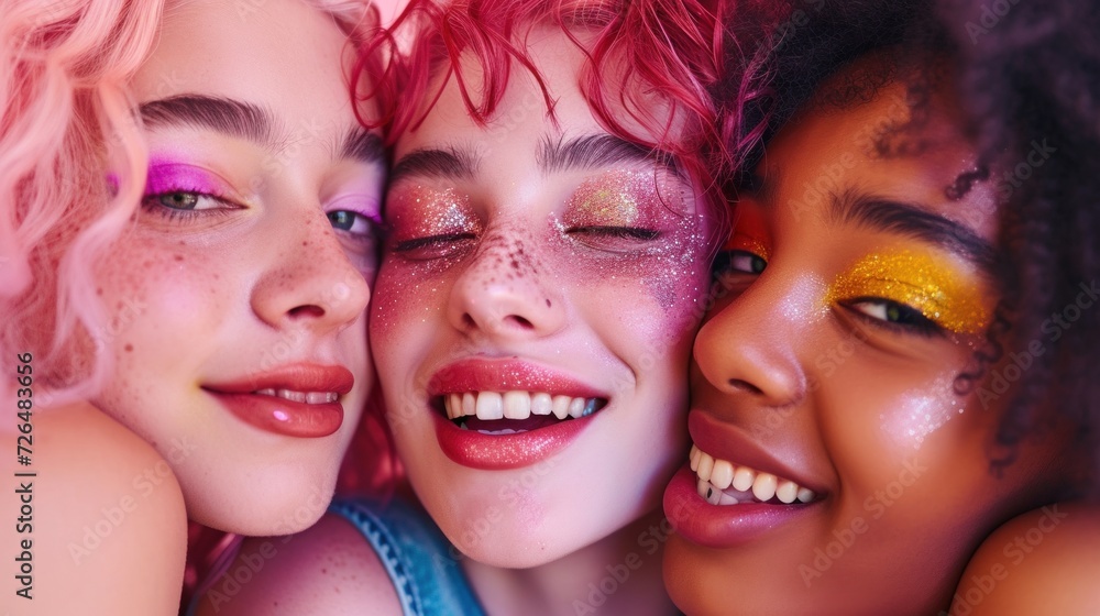 Fototapeta premium A horizontal closeup captures the allure of multicultural women wearing glitter makeup against a pastel-colored setting.