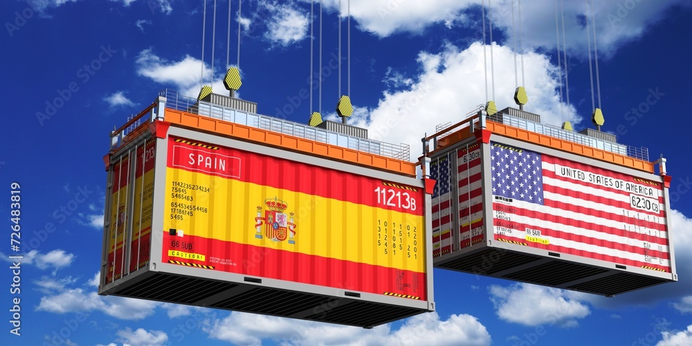 Shipping containers with flags of Spain and USA - 3D illustration