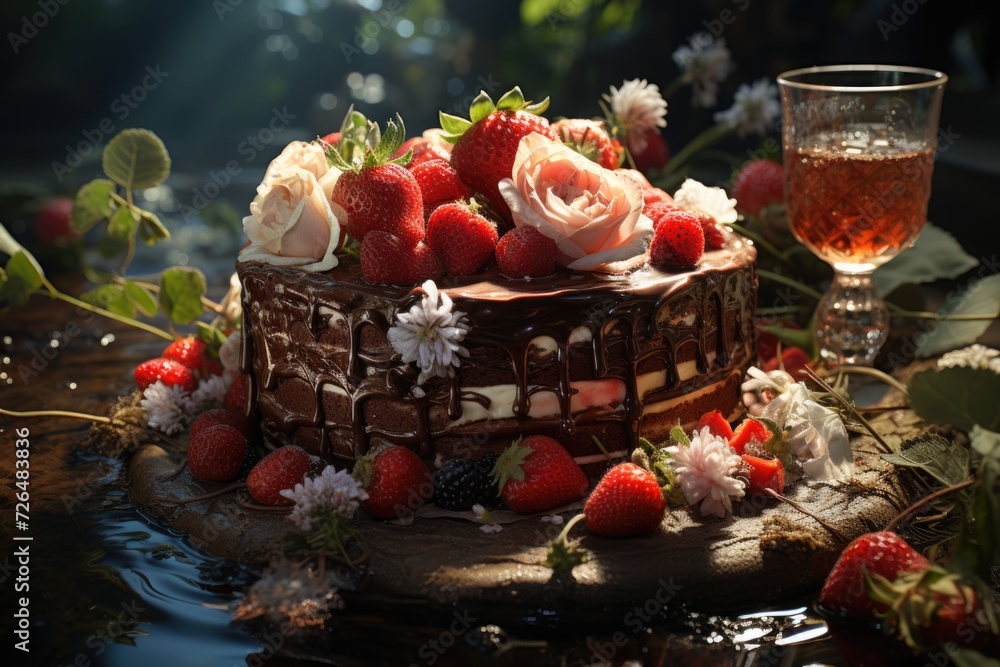 Side view of the chocolate cake decorated with strawberries and cookies on the tab, generative IA