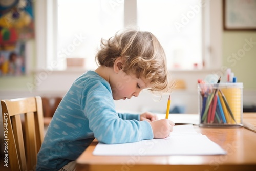 child at desk practicing handwriting in lined notebook