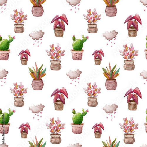 Seamless handdrawn pattern with potted houseplants. Cactus, aloe and plant with red branches and leaves. Design for textile, greeting cards