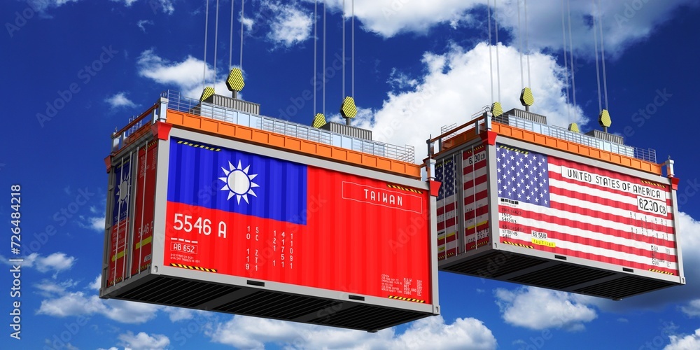 Shipping containers with flags of Taiwan and USA - 3D illustration