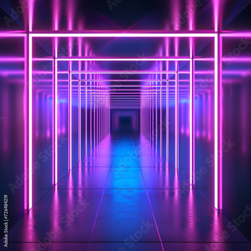 Illustration of abstract background of futuristic corridor with purple and blue neon lights, ai technology