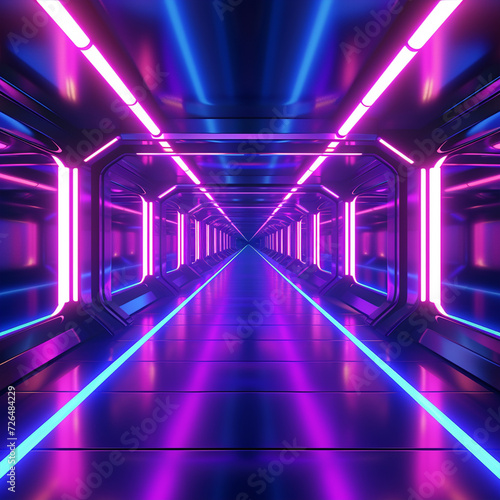 Illustration of abstract background of futuristic corridor with purple and blue neon lights, ai technology