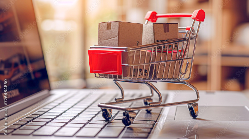 A small shopping cart filled with cardboard boxes on a laptop keyboard, representing the concept of online shopping and e-commerce.