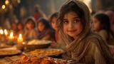 Little Girl Sitting in Front of a Table Full of Ramadan Food