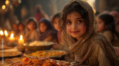 Little Girl Sitting in Front of a Table Full of Ramadan Food