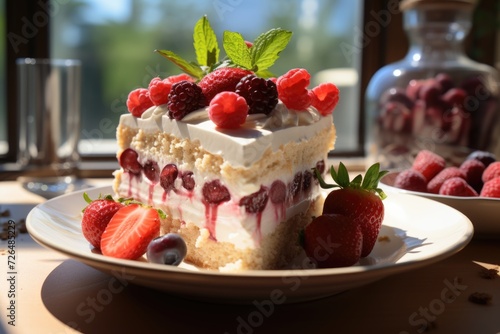 A piece of cake with white topping and a strawberry on top., generative IA