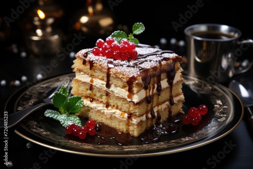 A piece of tasty cake with a small Christmas tree on a dark dish. high quality pho, generative IA