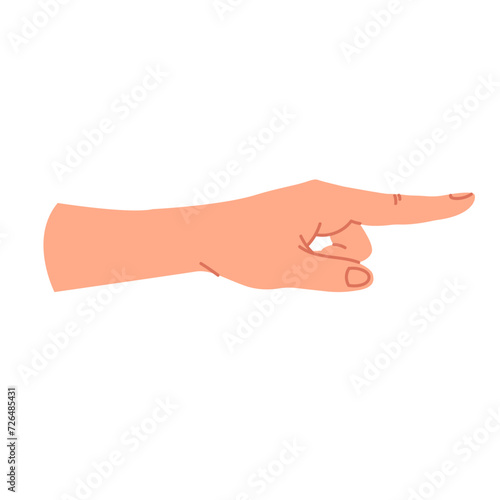 The icon of the hand pointing in the direction. Side view. A human hand with an index finger is pointing at something. Touch, tap, or click. Vector illustration with a gesture on a white background