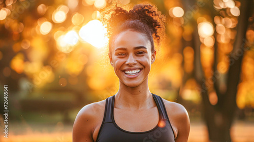 Active Woman Smiling During Sunset Run.Radiant young woman with a beaming smile enjoying an evening run in a sunlit park, embodying health and happiness.