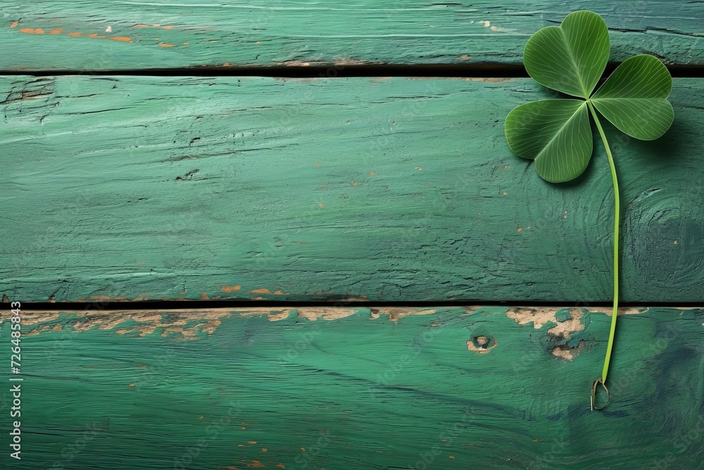 Fototapeta premium Green clover leaves on green old wooden background top view with copy space, st patrick's day celebration concept in Ireland