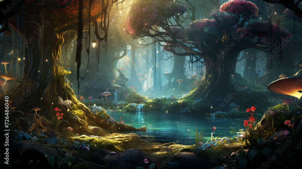 Enchanted forest in a fantasy world, featuring mystical creatures and magical flora, bathed in ethereal light