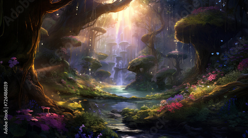 Enchanted forest in a fantasy world  featuring mystical creatures and magical flora  bathed in ethereal light