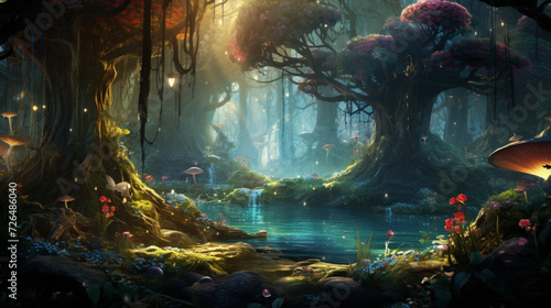 Enchanted forest in a fantasy world  featuring mystical creatures and magical flora  bathed in ethereal light