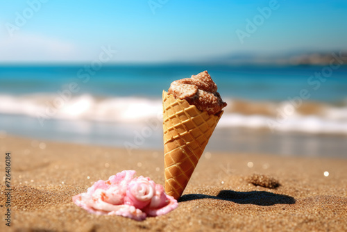 Ice Cream Cone Melting on the Sand - Generative AI