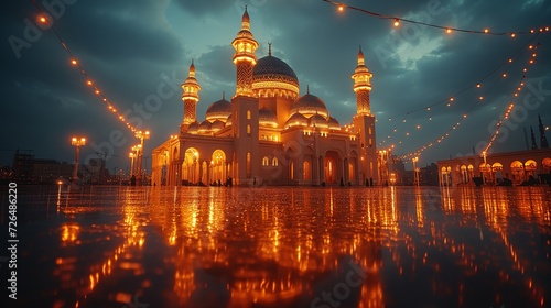 Illuminated Mosque at Night