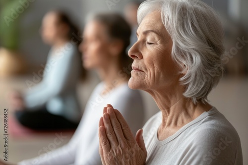 Close up Portrait of elderly woman sits in the lotus position meditating in a yoga studio. Mental and spiritual health development at any age