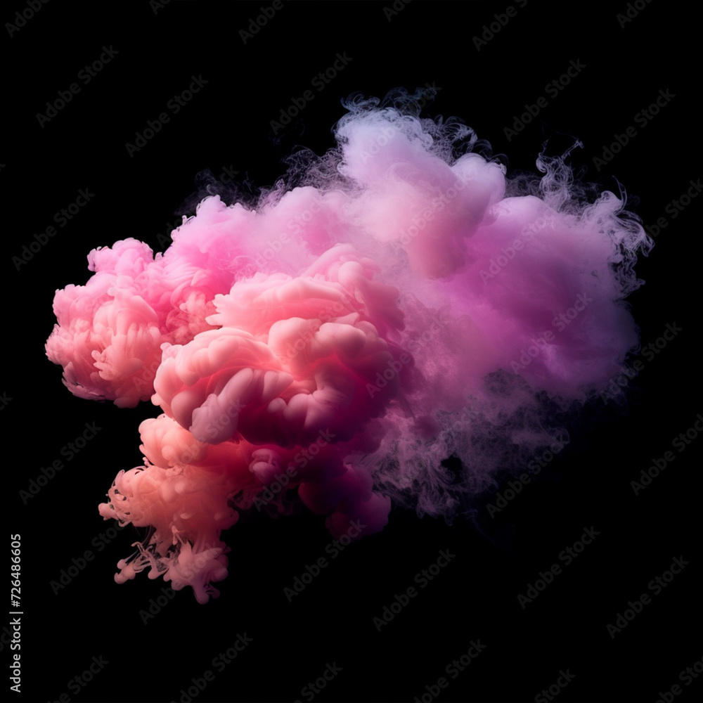 Magenta and pink fluffy pastel ink smoke cloud against black background, ai technology