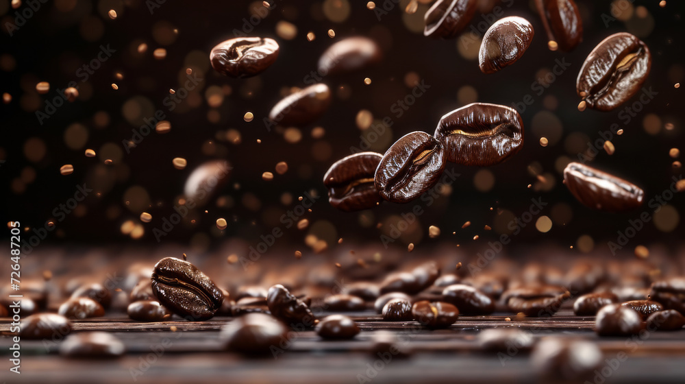 Coffee beans falling into a table on top of dark wood. Coffee beans falling into a table on top of dark wood.