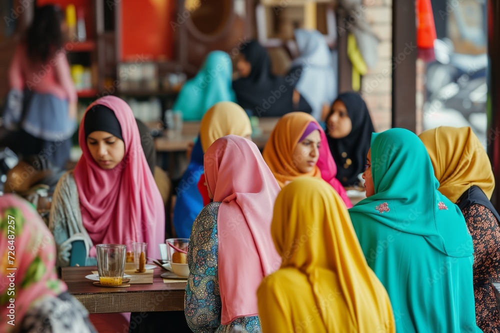 group of arab women in colorful abayas at a cafe