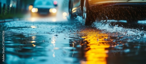 Car driving through flooded road during torrential rain in city with large puddle, captured in focused shot.