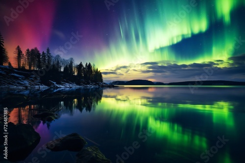 Aurora reflecting over a lake Generative Ai © LayerAce.com