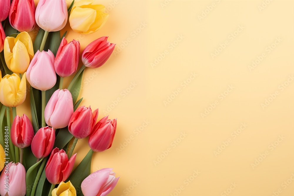 colorful bouquet of tulips flat lay on a light yellow background with copy space.