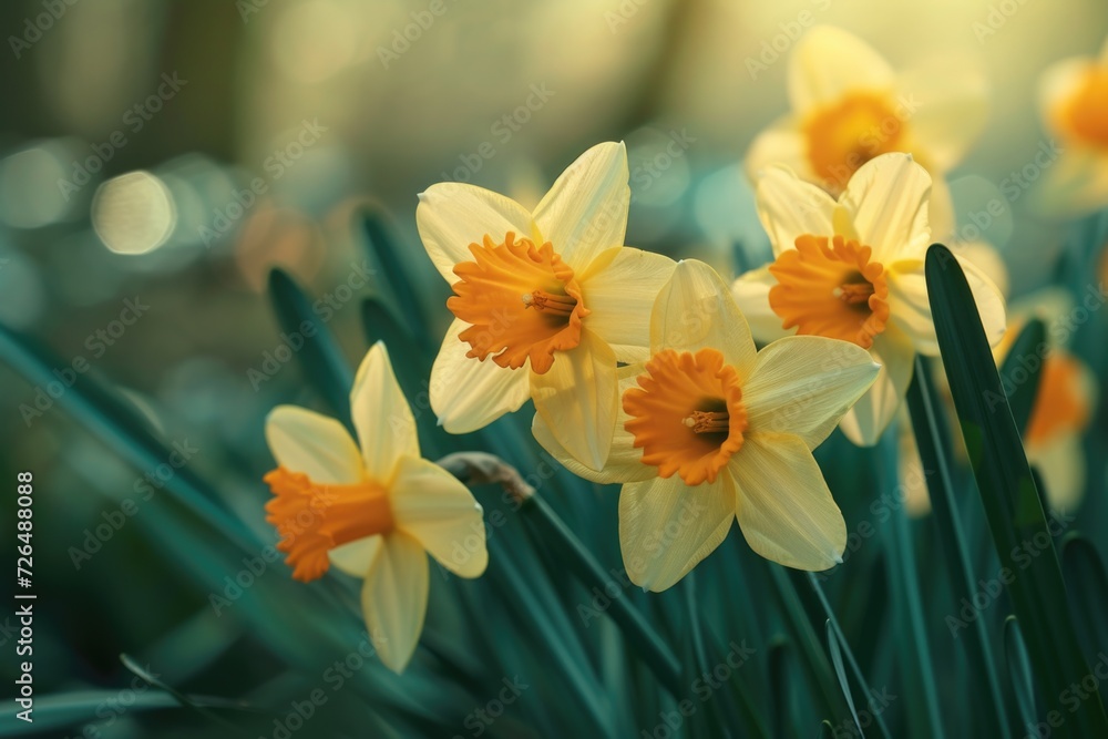 Fototapeta premium A group of yellow and white daffodils. Can be used for spring-themed designs or floral arrangements
