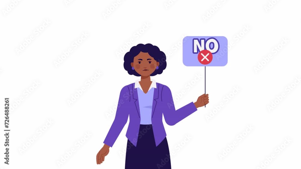 Woman holds banner with No sign. Young female character showing refusal, rejection, denial disagree, woman's choice. No means no concept, negative answer. Cartoon 2d animated stock video, animation Woman holds banner with No sign. Young female character showing refusal, rejection, denial disagree, woman's choice. No means no concept, negative answer. Cartoon 2d animated stock video, animation