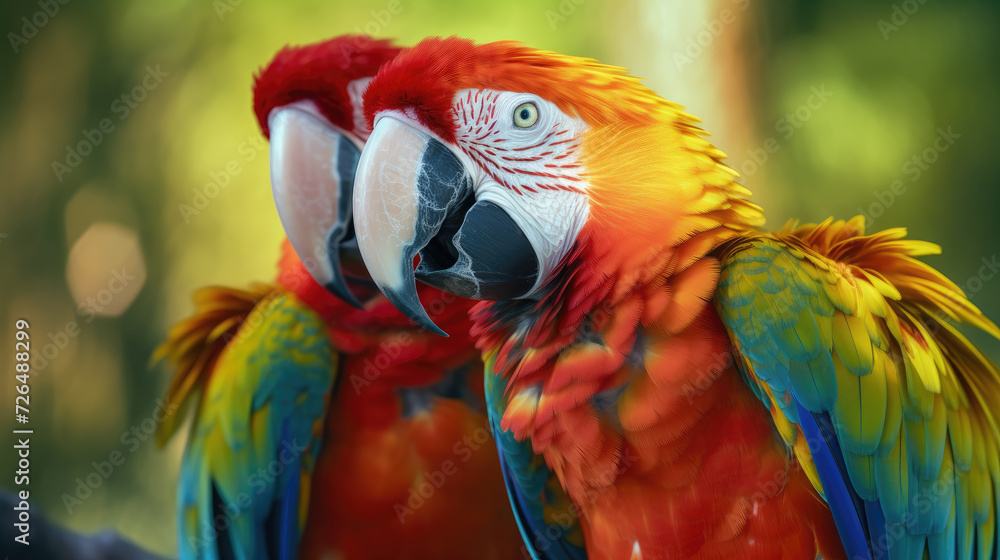 Obraz premium Two Vibrant Macaws in Close-Up - Generative AI