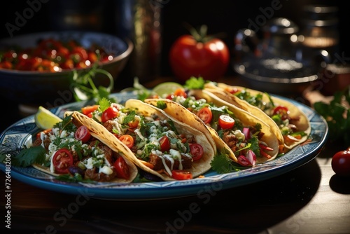 Mexican tacos with beef, tomatoes, avocado, chilli and onions. Homemade American Soft Shell Beef Tacos with Lettuce Tomato Cheese
