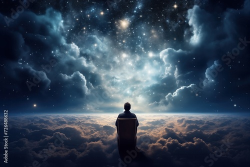 The man sitting on a chair while looking out over the universe, surrounded by Moon, Lights, Stars, and clouds.