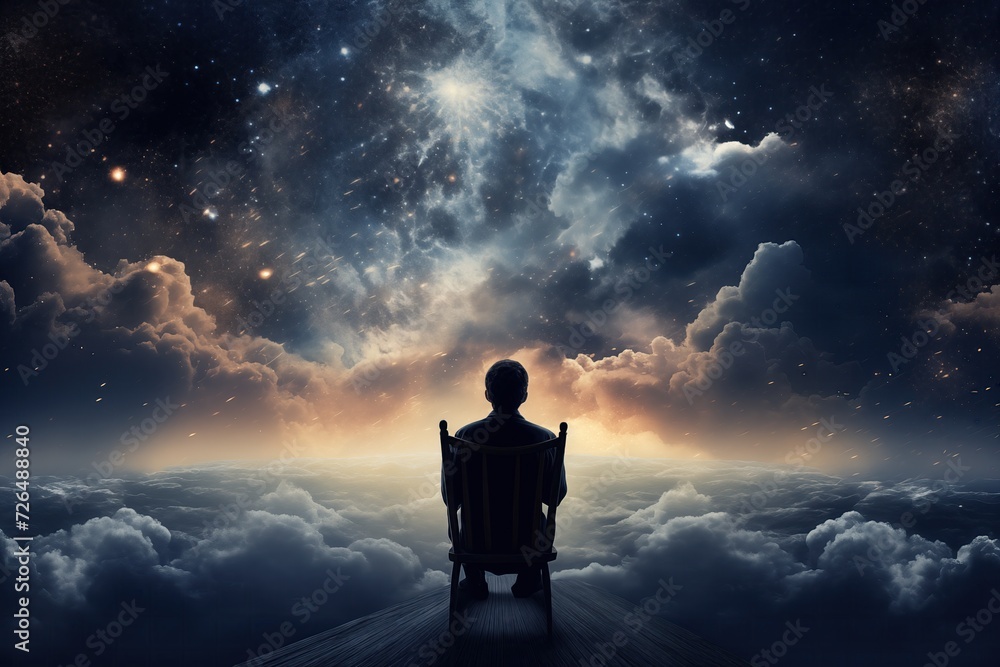 The man sitting on a chair while looking out over the universe,  surrounded by Moon, Lights, Stars, and clouds.
