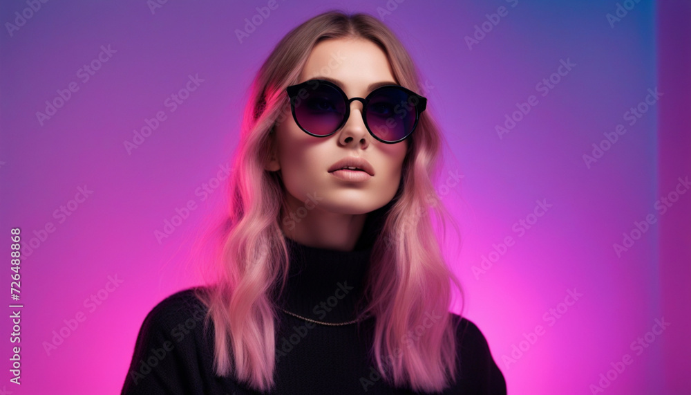 Stylish girl in pink blue neon light in the studio Stylish girl in pink blue neon light in the studio