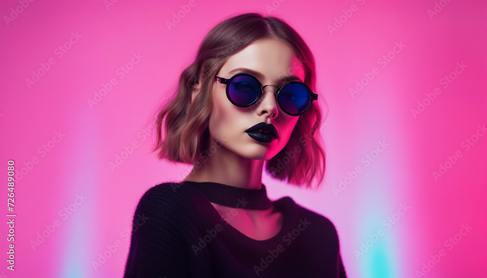 Stylish girl in pink blue neon light in the studio Stylish girl in pink blue neon light in the studio