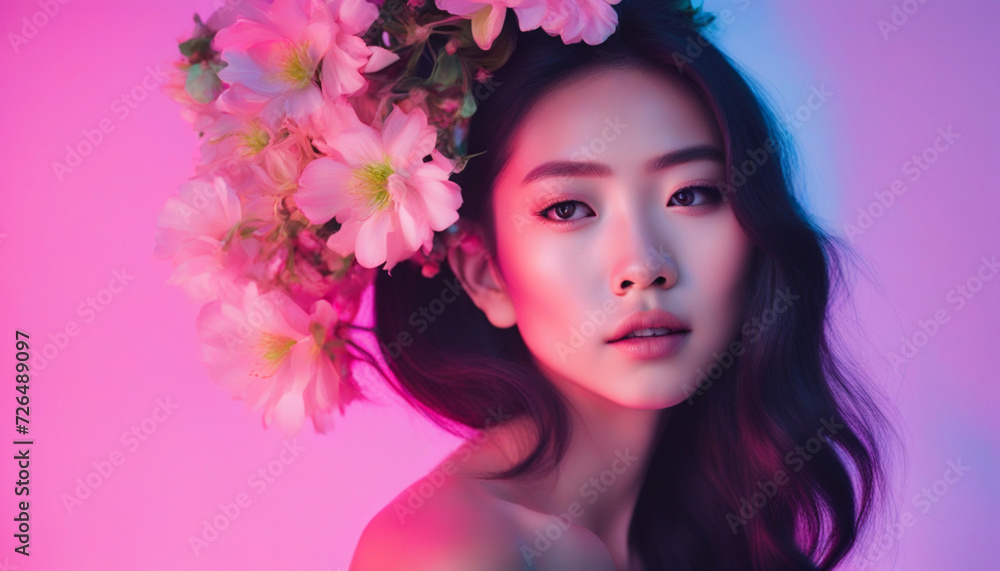 Beautiful girl with flowers in her hair on gradient neon light in the studio Beautiful girl with flowers in her hair on gradient neon light in the studio