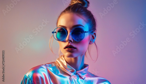 Wallpaper Mural Stylish girl in pink blue neon light in the studio Torontodigital.ca