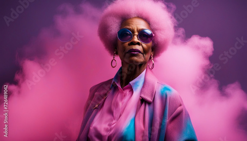 Portrait of a stylish old afro women in a fashionable clothes with blue and pink gradient illumination with steam and smoke in the studio
