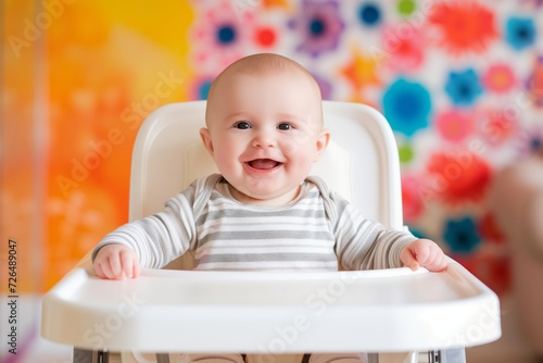 baby in high chair with colorful backdrop