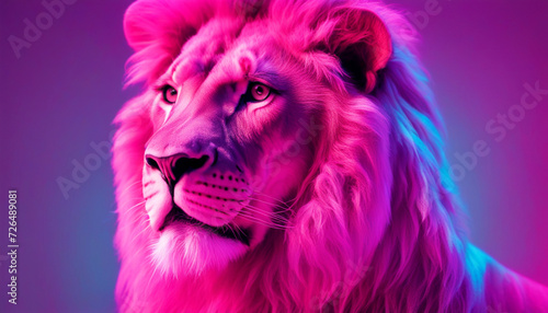 Lion on pink blue gradient neon light in the studio