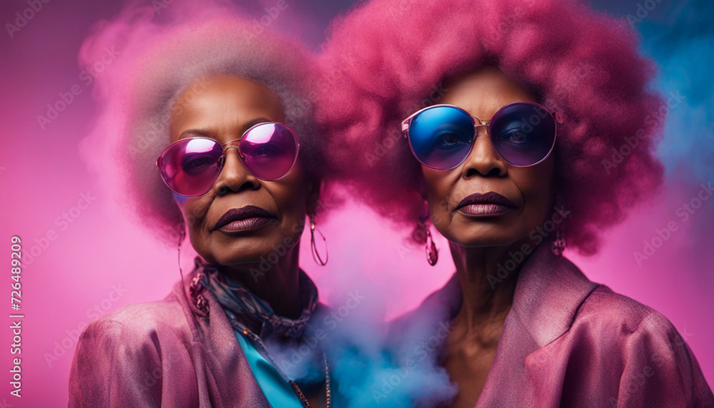Portrait of a stylish old afro womens in a fashionable clothes with blue and pink gradient illumination with steam and smoke in the studio Portrait of a stylish old afro womens in a fashionable clothes with blue and pink gradient illumination with steam and smoke in the studio