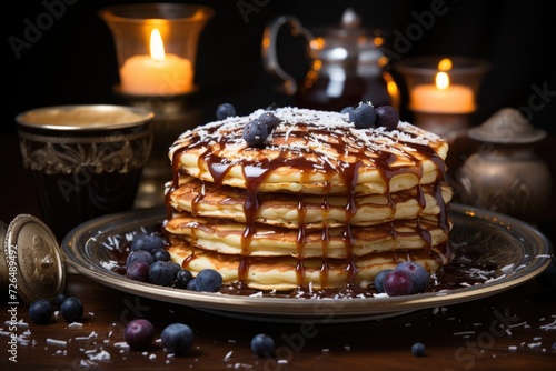 Homemade pancakes with blueberries on top and chocolate syrup spilled over it, generative IA © Gabriel