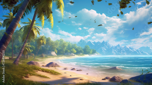 Tropical Beach with Palm Trees and Ocean View - Generative AI